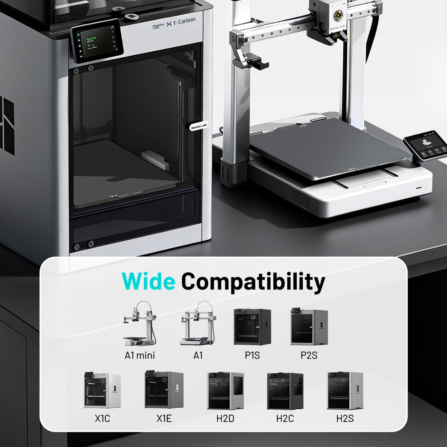 EIBOS KRIOS cold build plate compatibility with Bambu Lab A1, A1 Mini, P1S, X1C, X1E, P2S and H2 Series 3D printers.