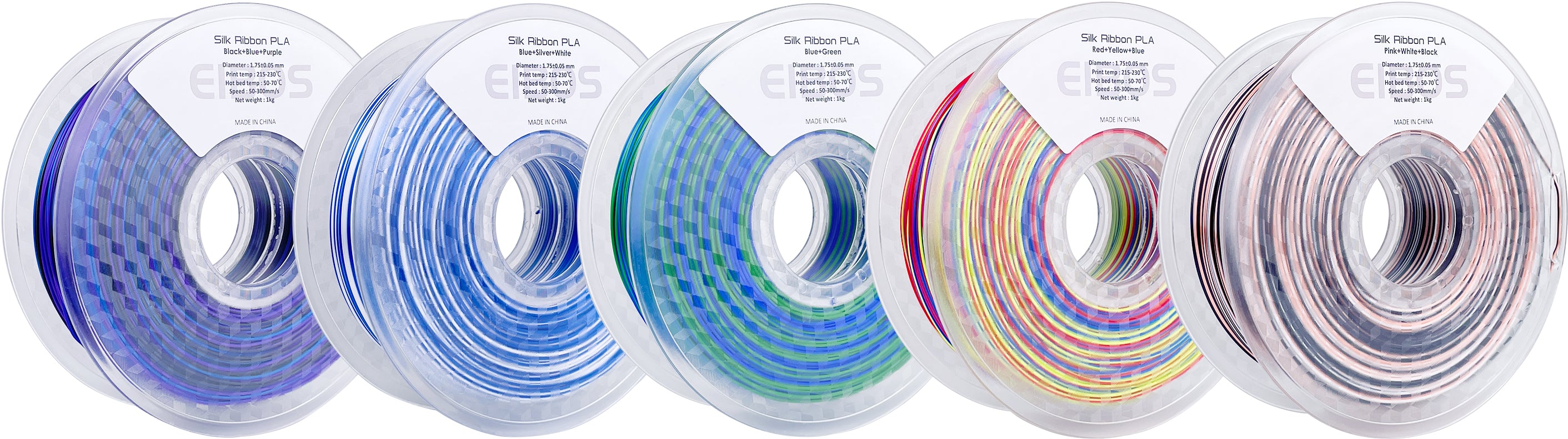 Five EIBOS Artism Series II Ribbons PLA filament spools in black, purple, blue, green, red, yellow, pink, white and silver colour combinations.