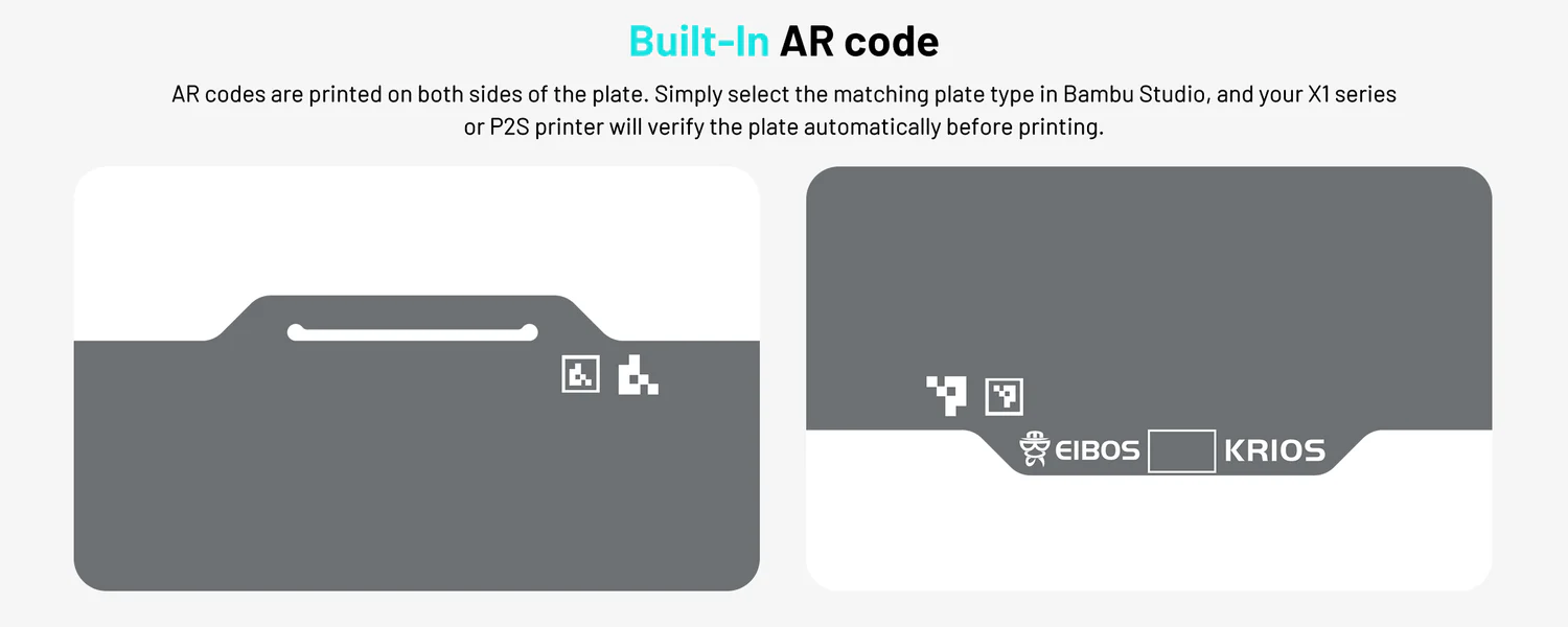 EIBOS KRIOS cold build plate for Bambu Lab printers with built-in AR codes on both sides for automatic plate verification in Bambu Studio.