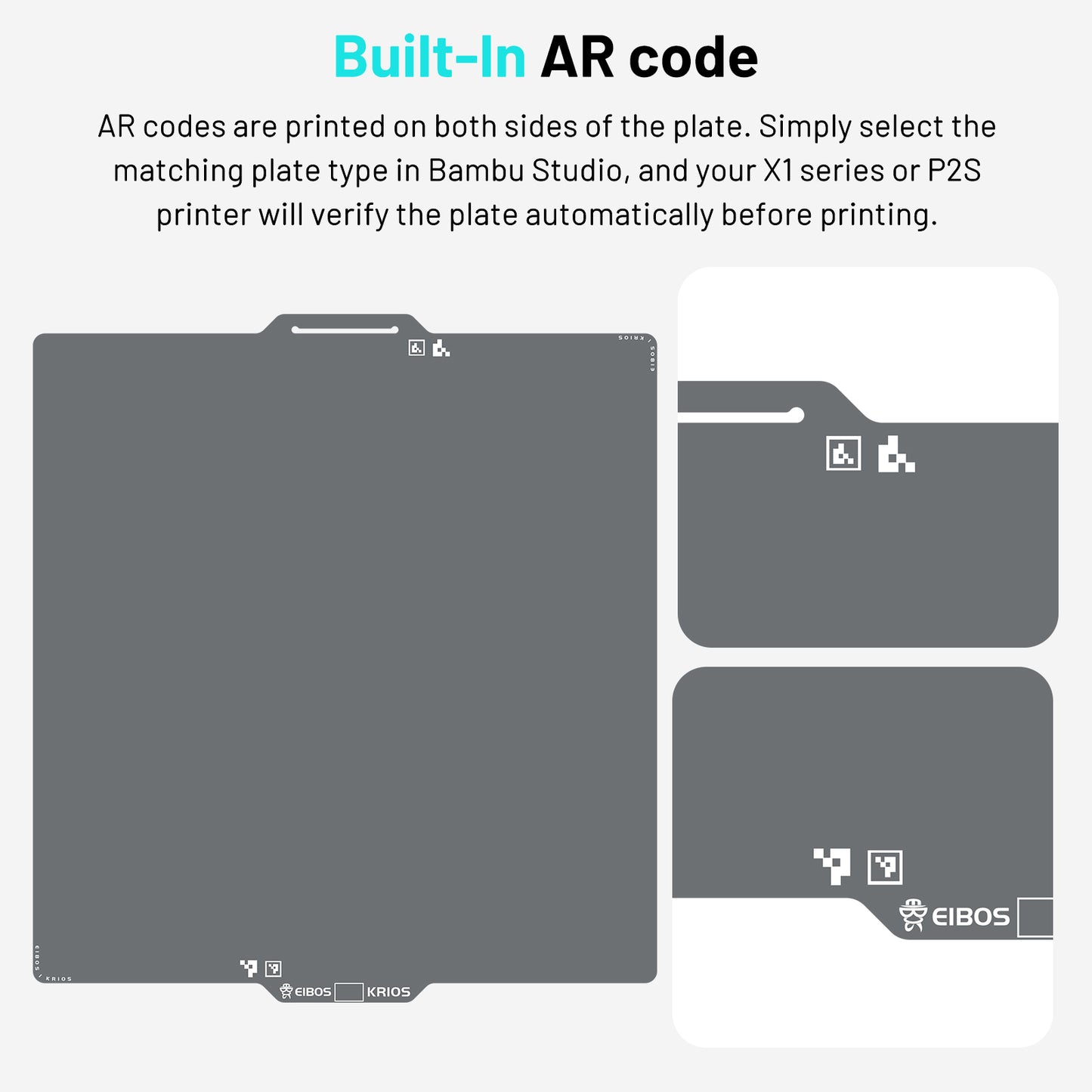 EIBOS KRIOS cold build plate for Bambu Lab printers with built-in AR codes on both sides for automatic plate verification in Bambu Studio.