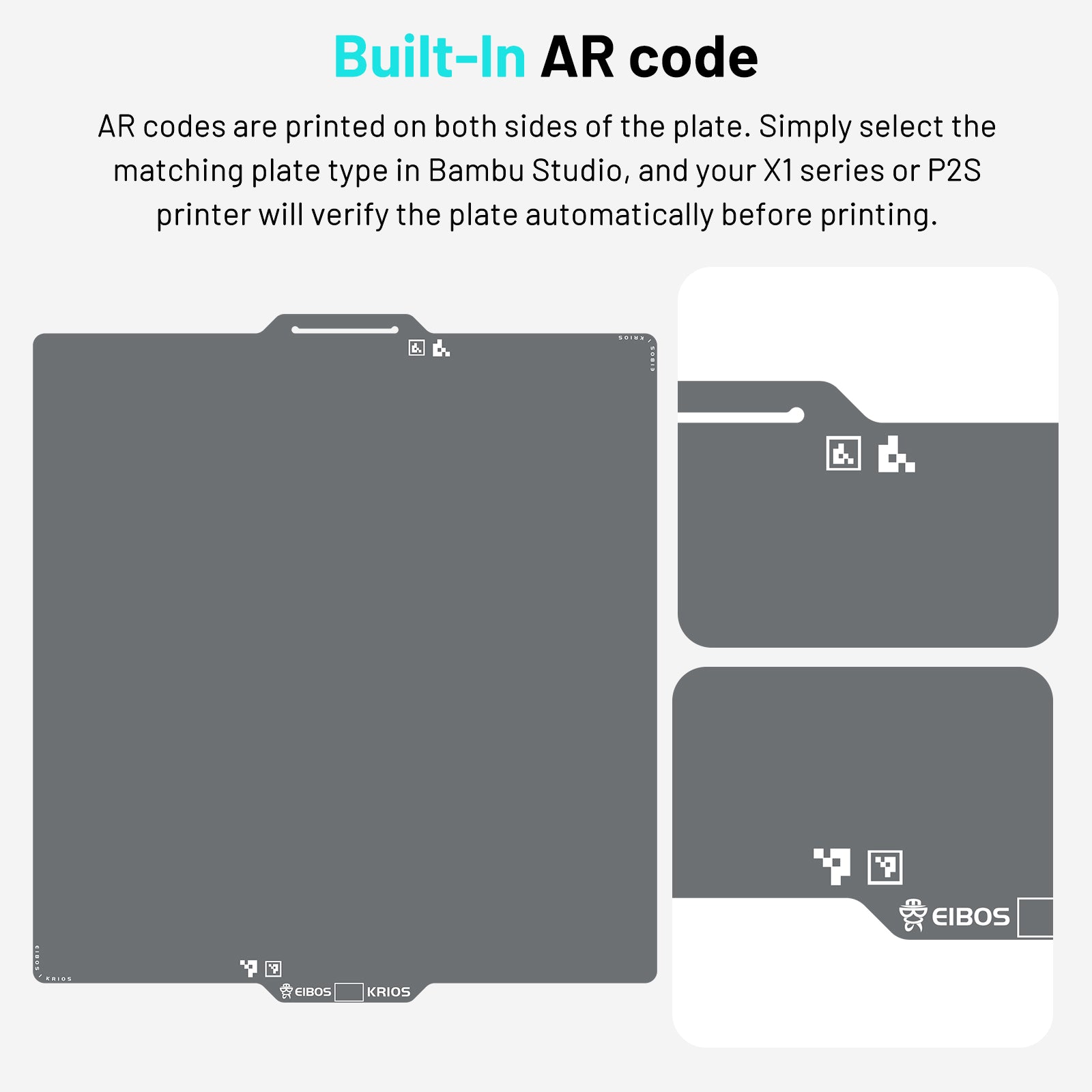 EIBOS KRIOS cold build plate for Bambu Lab printers with built-in AR codes on both sides for automatic plate verification in Bambu Studio.
