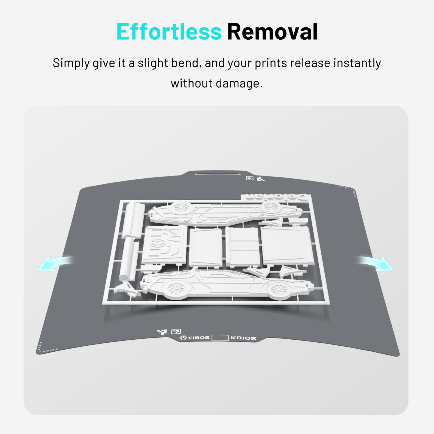Flexible EIBOS KRIOS cold build plate for Bambu Lab 3D printers being bent to release a finished print easily without damage.