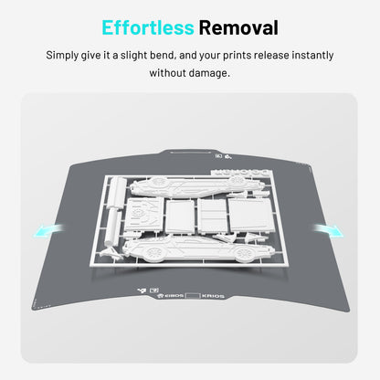 Flexible EIBOS KRIOS cold build plate for Bambu Lab 3D printers being bent to release a finished print easily without damage.