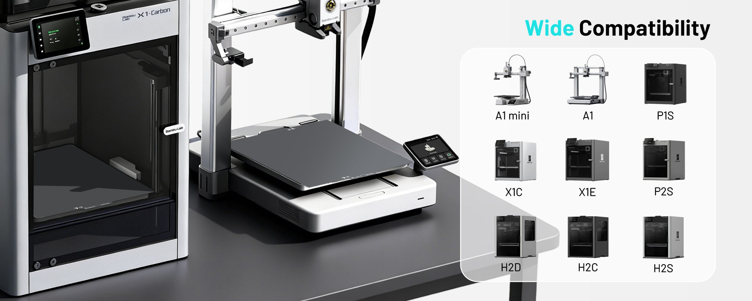EIBOS KRIOS cold build plate compatibility with Bambu Lab A1, A1 Mini, P1S, X1C, X1E, P2S and H2 Series 3D printers.