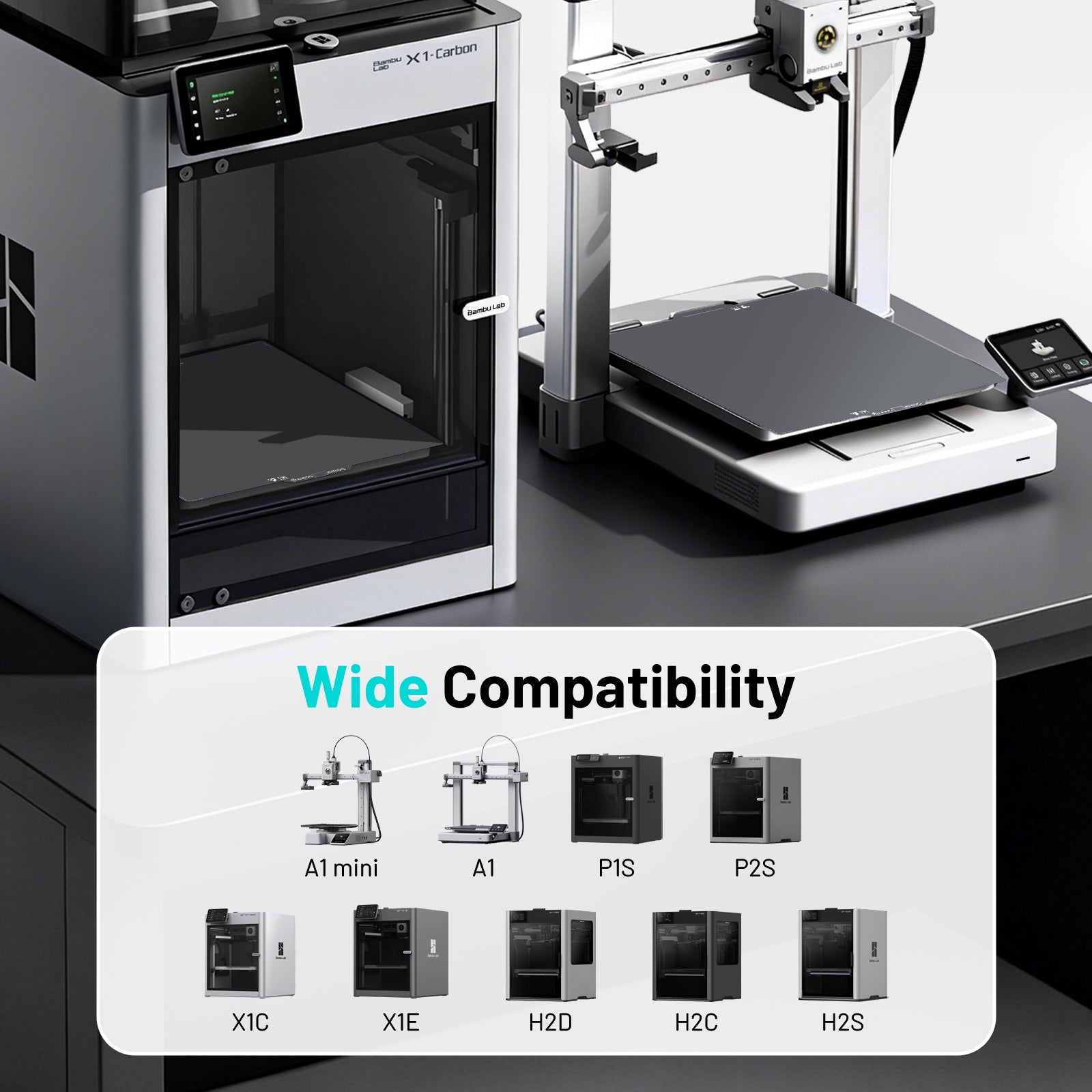 EIBOS KRIOS cold build plate compatibility with Bambu Lab A1, A1 Mini, P1S, X1C, X1E, P2S and H2 Series 3D printers.