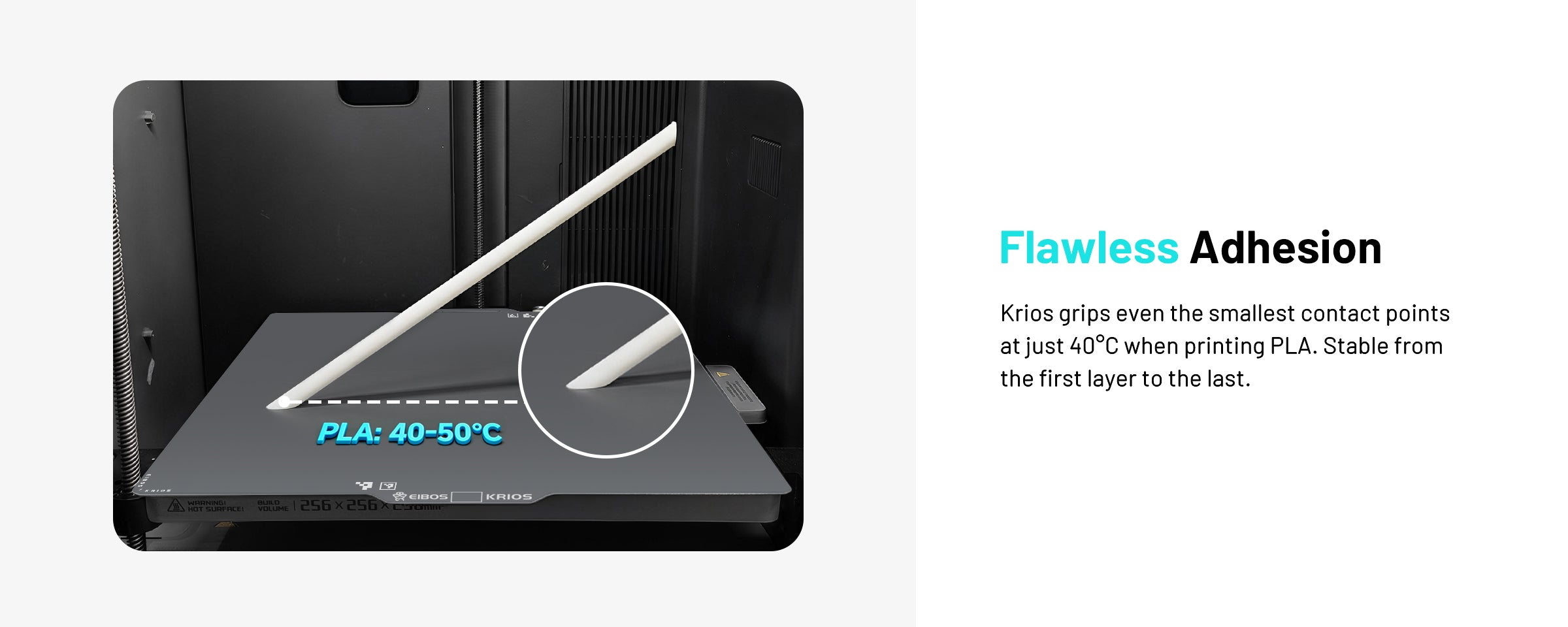 EIBOS KRIOS cold build plate for Bambu Lab demonstrating strong first-layer adhesion for PLA when printing at 40–50°C.
