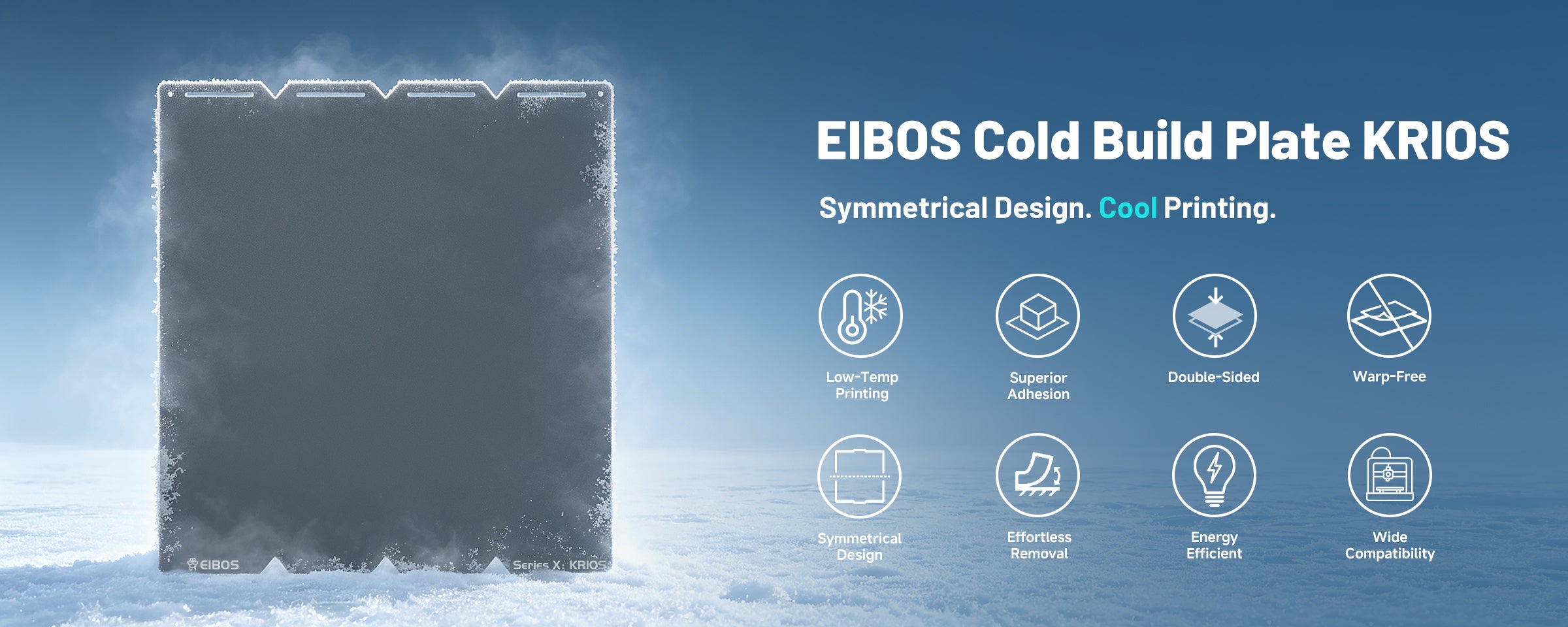 EIBOS KRIOS cold build plate for the Snapmaker U1, featuring low-temperature printing, strong adhesion, double-sided use and easy print removal.