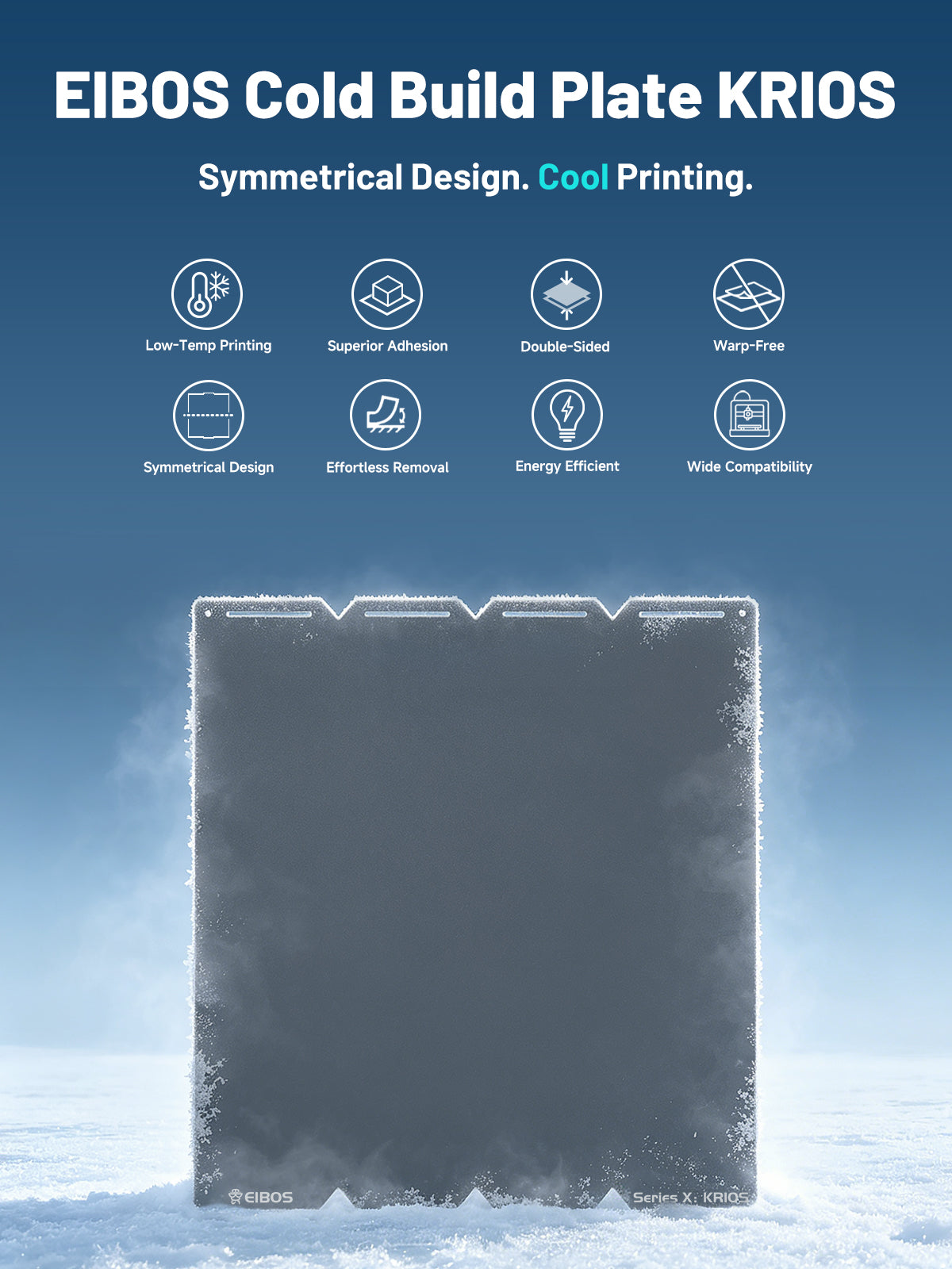 EIBOS KRIOS cold build plate for the Snapmaker U1, featuring low-temperature printing, strong adhesion, double-sided use and easy print removal.