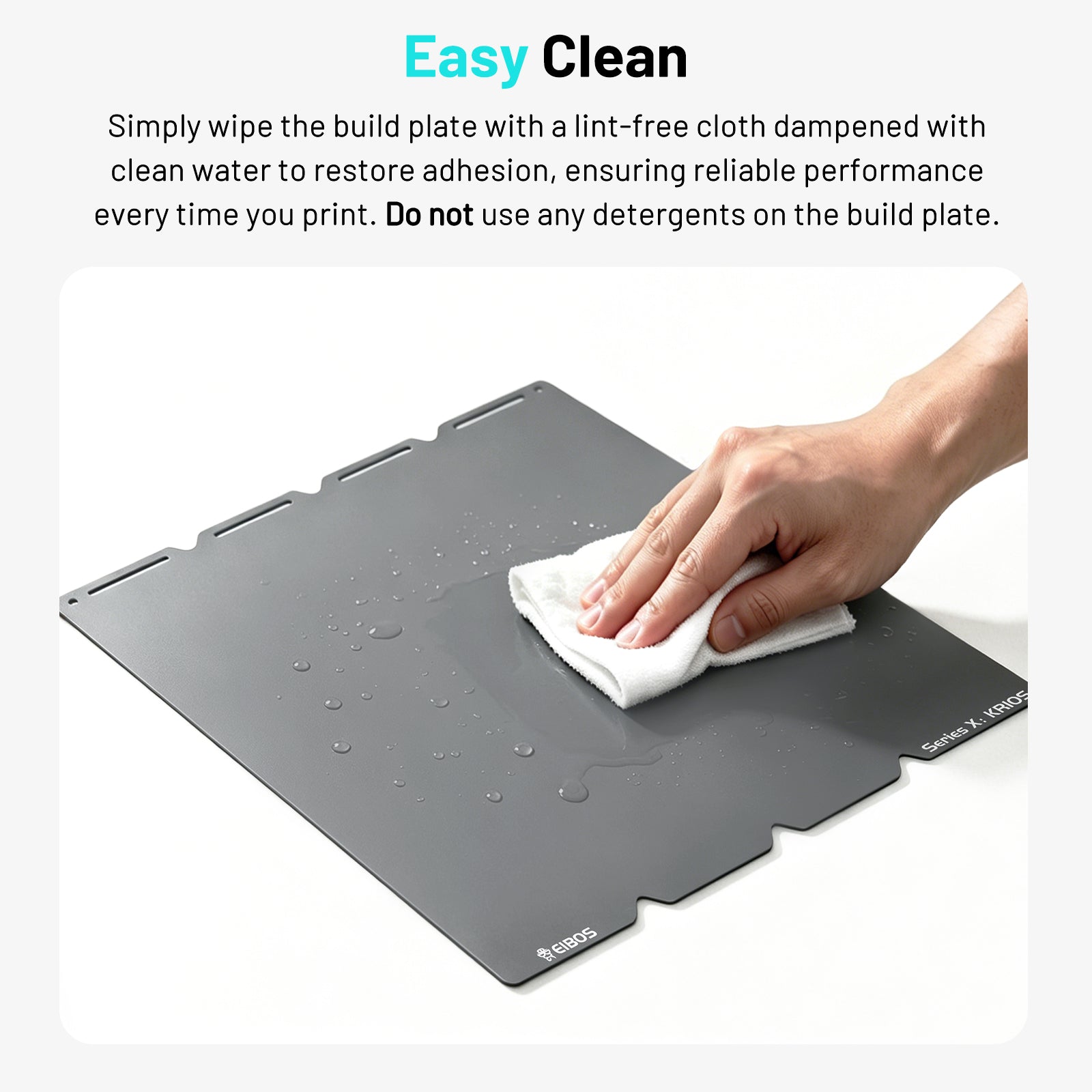 EIBOS KRIOS cold build plate for the Snapmaker U1 being cleaned with clean water and a lint-free cloth to restore print adhesion.