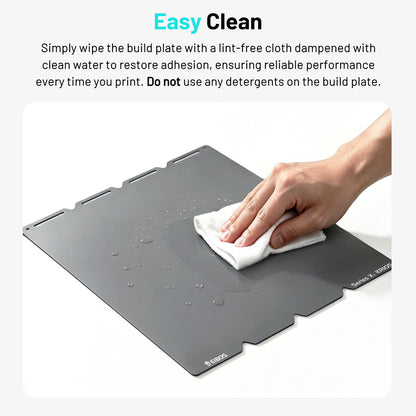 EIBOS KRIOS cold build plate for the Snapmaker U1 being cleaned with clean water and a lint-free cloth to restore print adhesion.