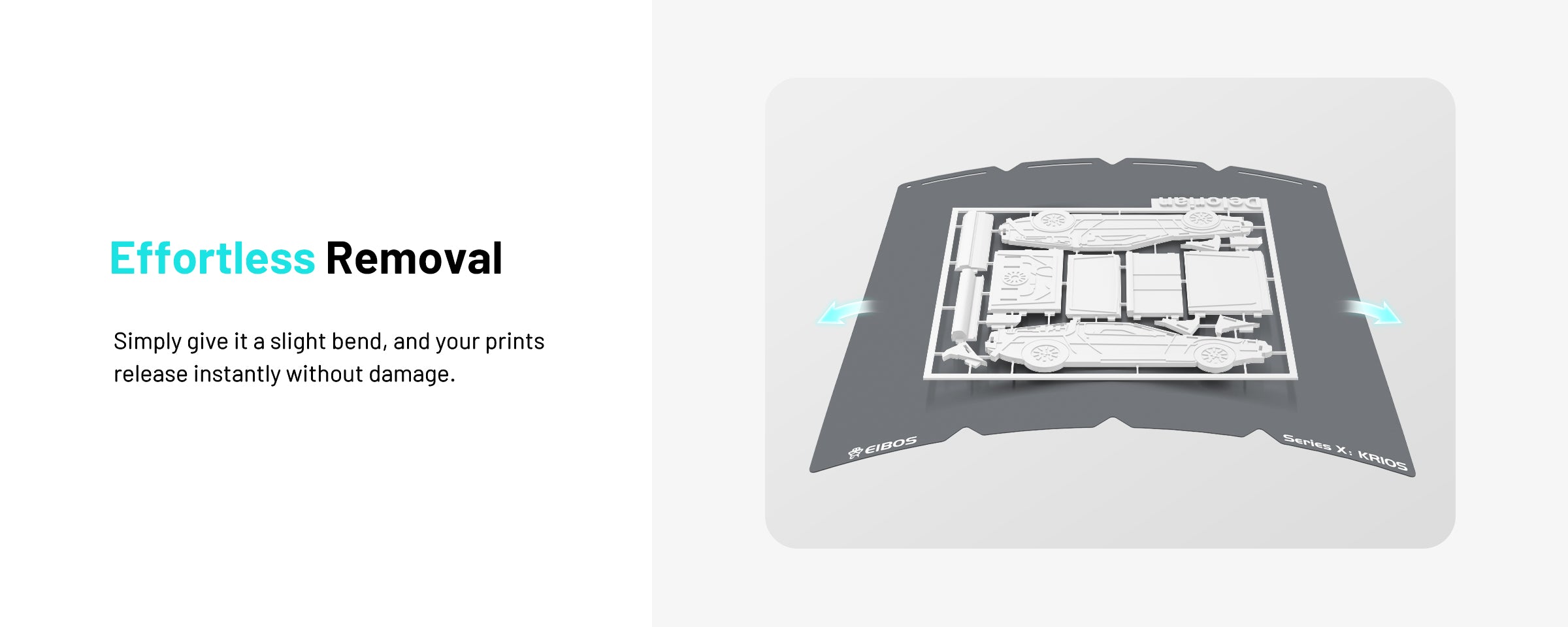 Flexible EIBOS KRIOS cold build plate for the Snapmaker U1 being bent to release a finished 3D print easily without damage.