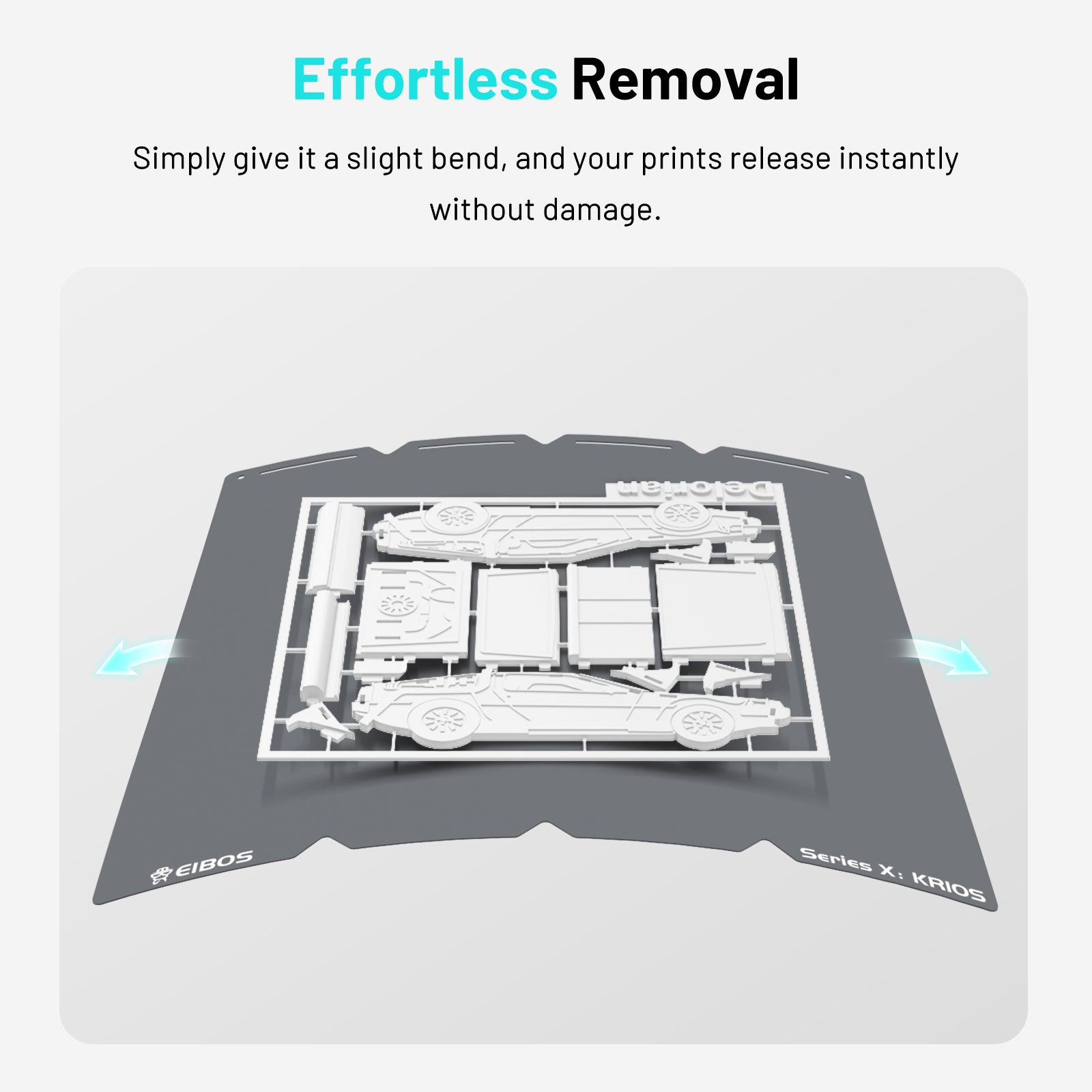 Flexible EIBOS KRIOS cold build plate for the Snapmaker U1 being bent to release a finished 3D print easily without damage.
