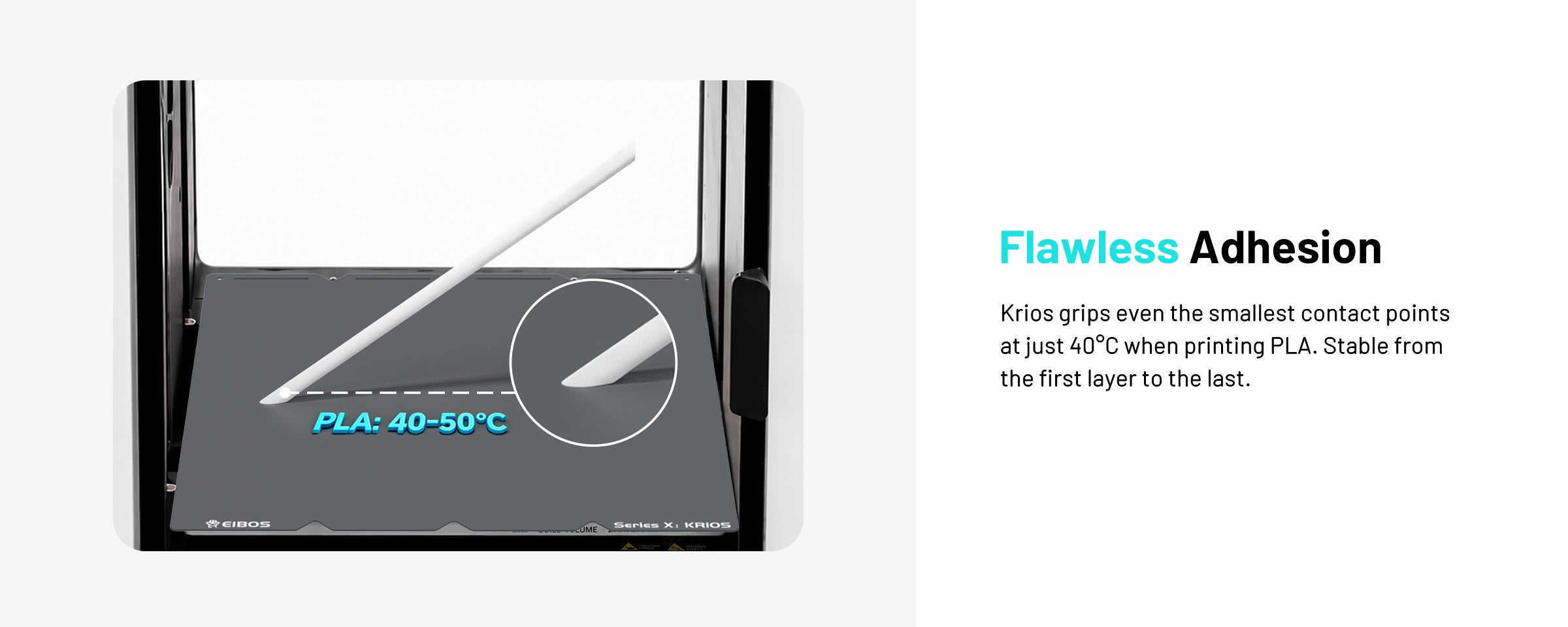 EIBOS KRIOS cold build plate for the Snapmaker U1 demonstrating strong first-layer adhesion when printing PLA at 40–50°C.