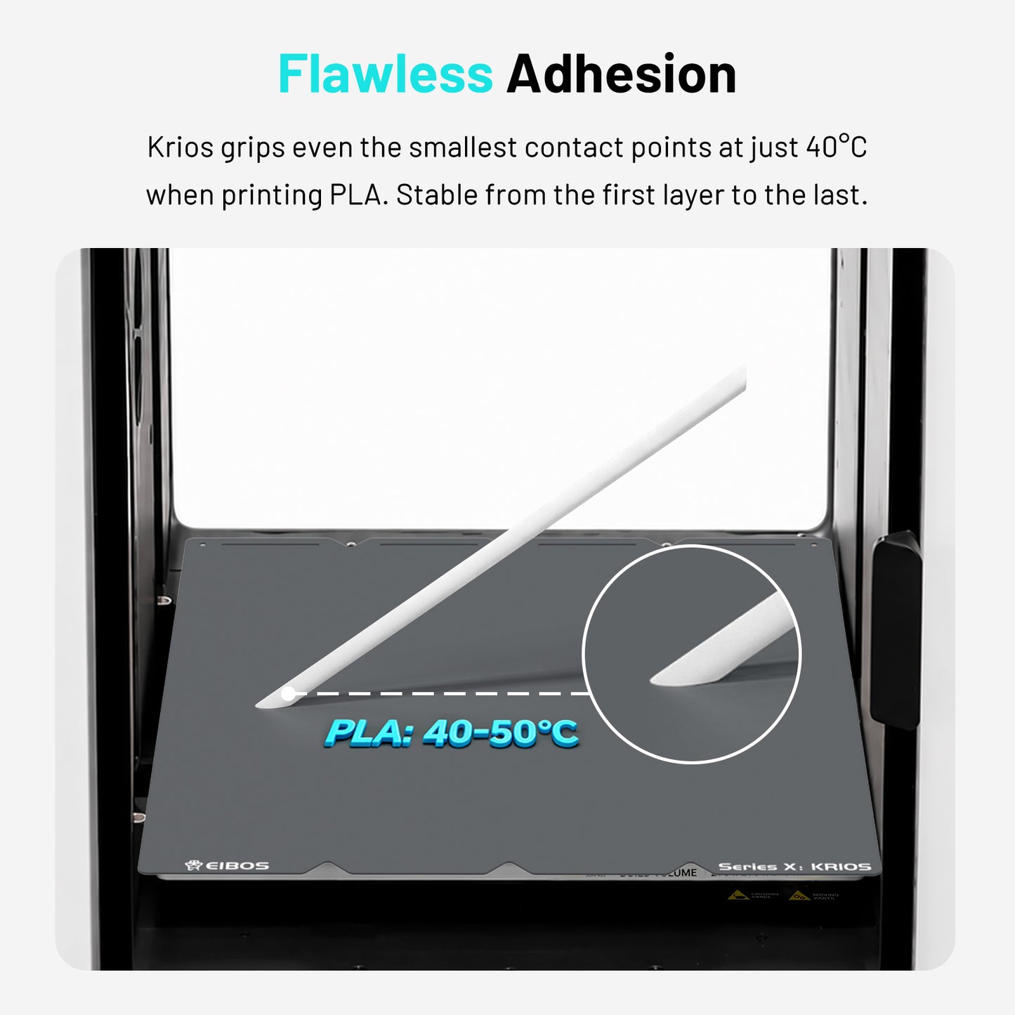 EIBOS KRIOS cold build plate for the Snapmaker U1 demonstrating strong first-layer adhesion when printing PLA at 40–50°C.