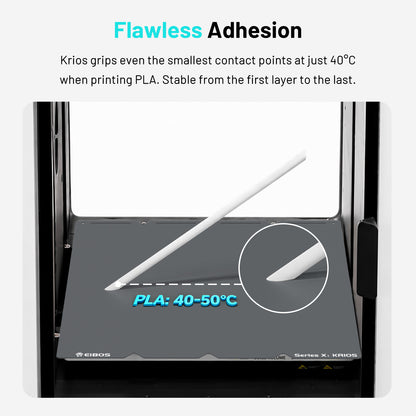 EIBOS KRIOS cold build plate for the Snapmaker U1 demonstrating strong first-layer adhesion when printing PLA at 40–50°C.