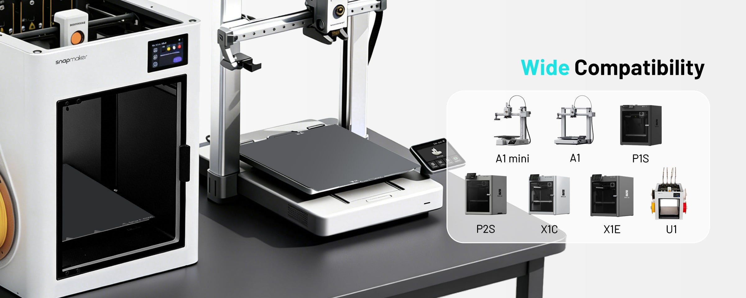 EIBOS KRIOS cold build plate compatibility with Snapmaker U1 and Bambu Lab A1 Mini, A1, P1S, P2S, X1C and X1E 3D printers.