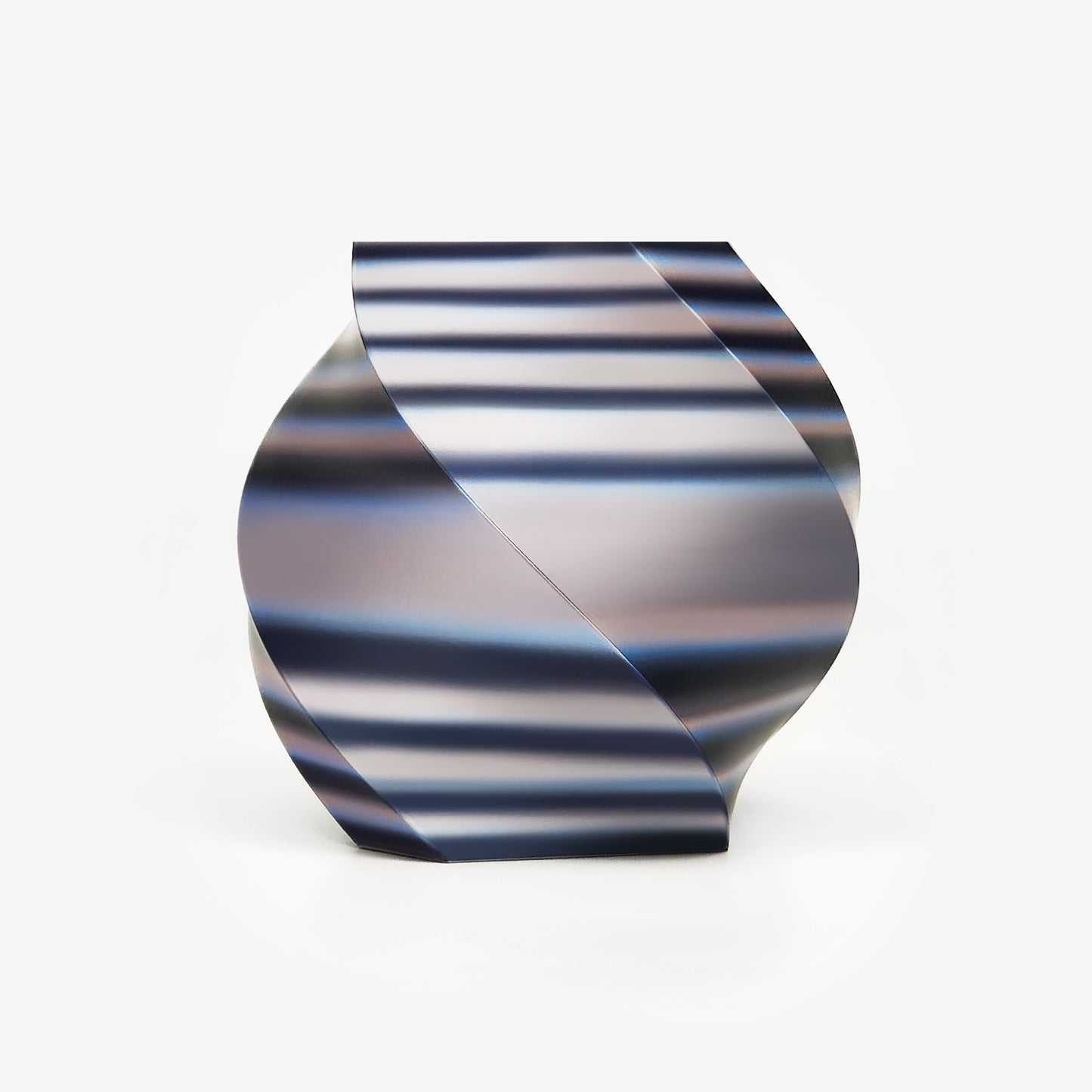 Twisted vase 3D printed with EIBOS Artism Series II Ribbons PLA in pink, white and black, showing its glossy striped colour effect.
