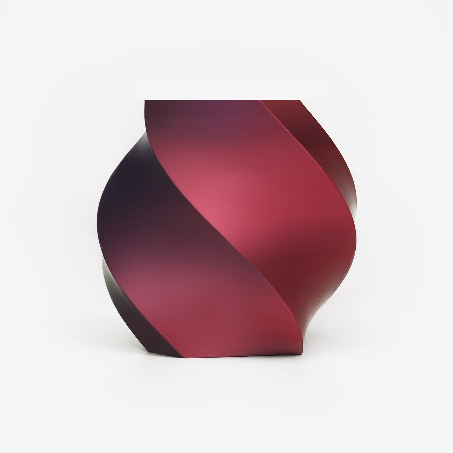 Twisted vase 3D printed with EIBOS Silk Series Black–Red dual-colour PLA filament, showing its glossy colour-changing finish.
