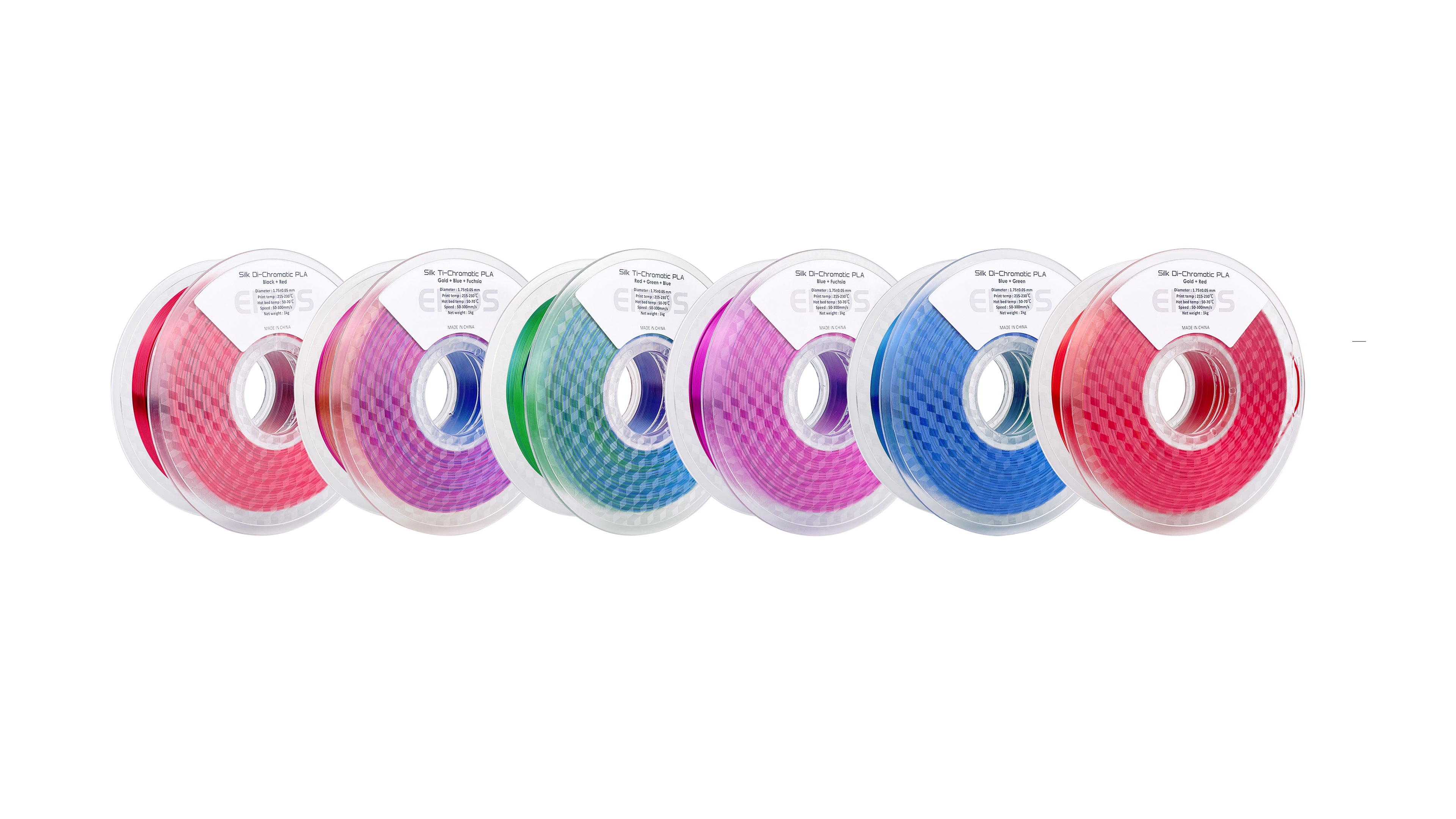 Six EIBOS Silk Series dual- and tri-colour PLA filament spools in pink, blue, green, purple and red colour combinations.