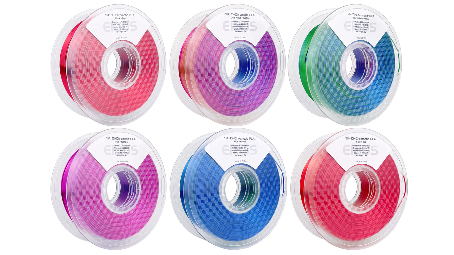 Six EIBOS Silk Series dual- and tri-colour PLA filament spools in Black–Red, Gold–Blue–Fuchsia, Red–Green–Blue, Blue–Fuchsia, Blue–Green and Gold–Red.
