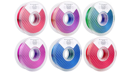 Six EIBOS Silk Series dual- and tri-colour PLA filament spools in Black–Red, Gold–Blue–Fuchsia, Red–Green–Blue, Blue–Fuchsia, Blue–Green and Gold–Red.