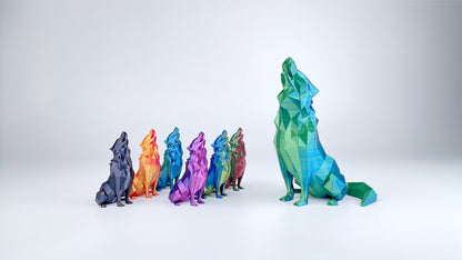 Low-poly wolf models 3D printed with EIBOS Silk Series dual- and tri-colour PLA filament in multiple glossy colour combinations.