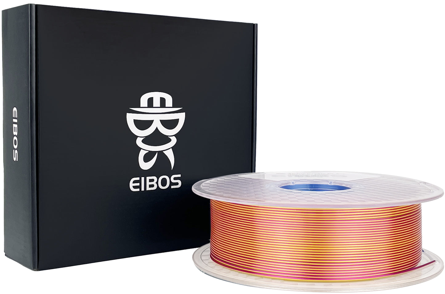 EIBOS Silk Series Gold–Red dual-colour PLA filament spool displayed beside its branded black packaging.