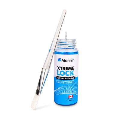 120ml bottle with brush applicator: "Menhir Xtreme Lock 120ml high-temperature 3D printer bed adhesive with brush applicator"
