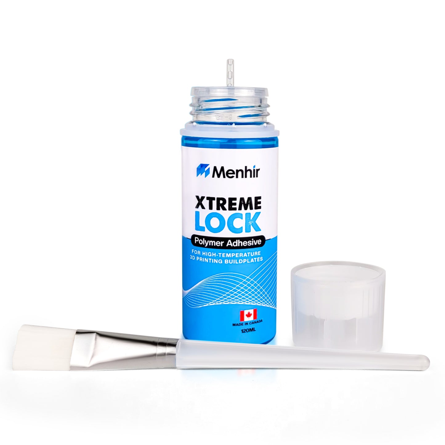 120ml bottle open with brush and lid: "Menhir Xtreme Lock 120ml bottle open showing integrated brush applicator and lid"
