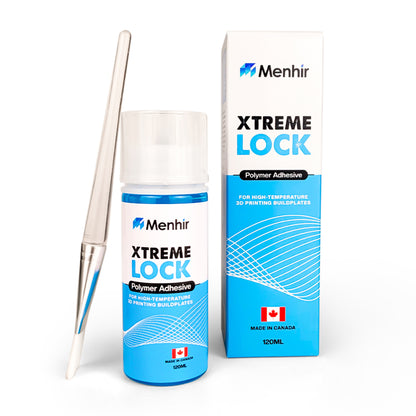 Bottle, brush and box together: "Menhir Xtreme Lock 120ml bed adhesive bottle, applicator brush and packaging box"