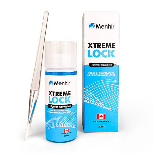 Bottle, brush and box together: "Menhir Xtreme Lock 120ml bed adhesive bottle, applicator brush and packaging box"