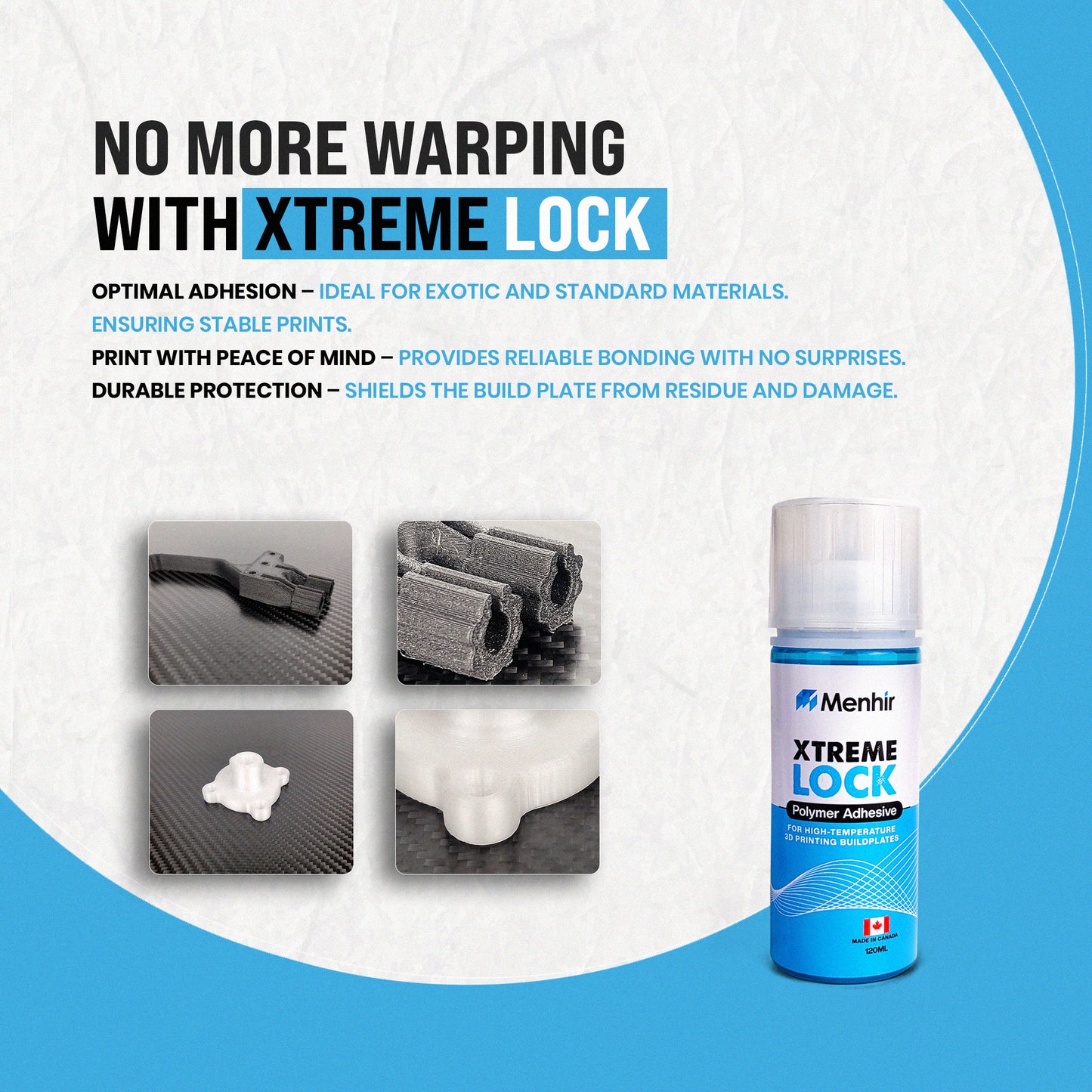 "No More Warping" infographic: "Infographic showing how Xtreme Lock prevents 3D print warping with optimal adhesion and build plate protection"