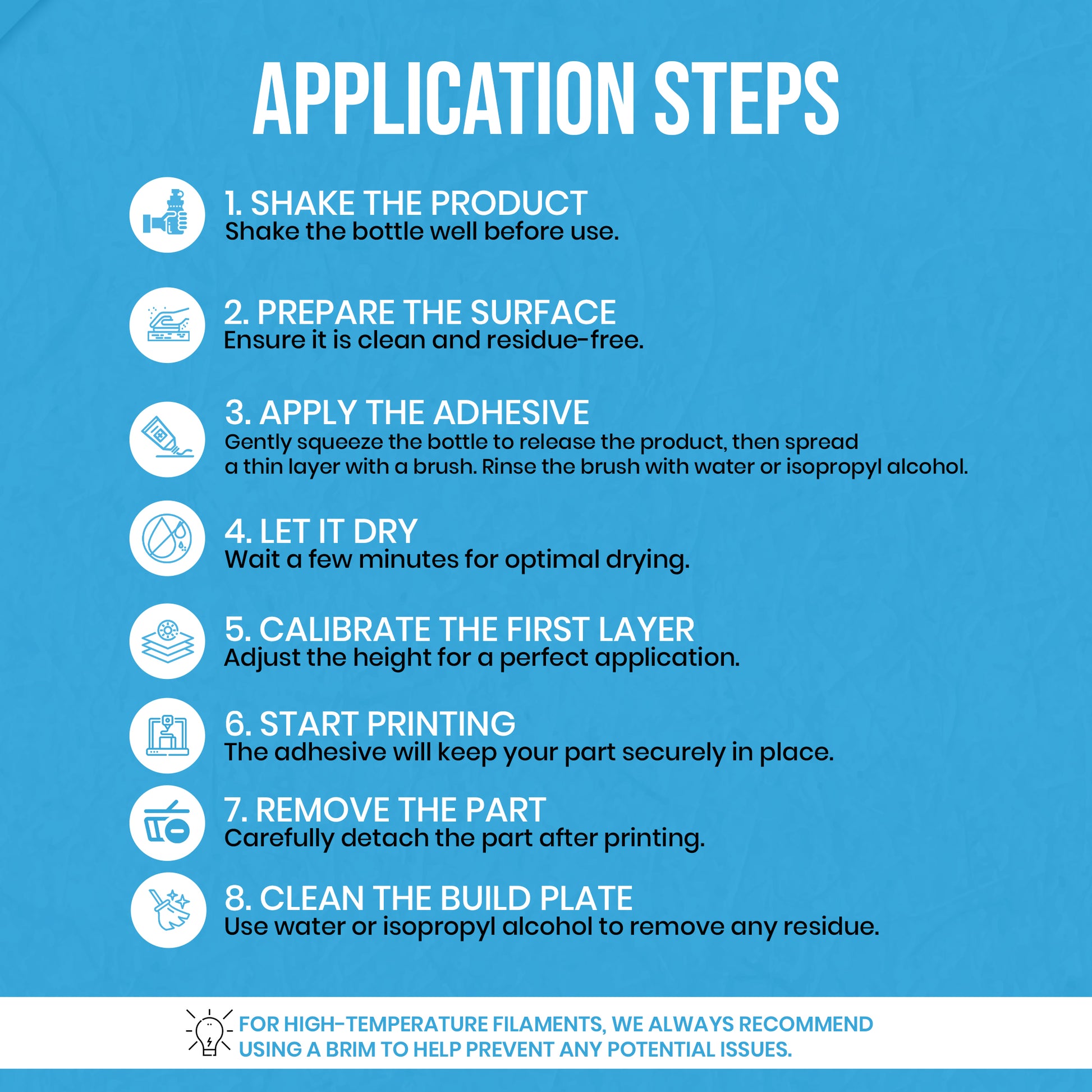 Application steps infographic: "Xtreme Lock application steps: shake, prepare surface, apply adhesive, dry, calibrate first layer, print, remove part, clean build plate"