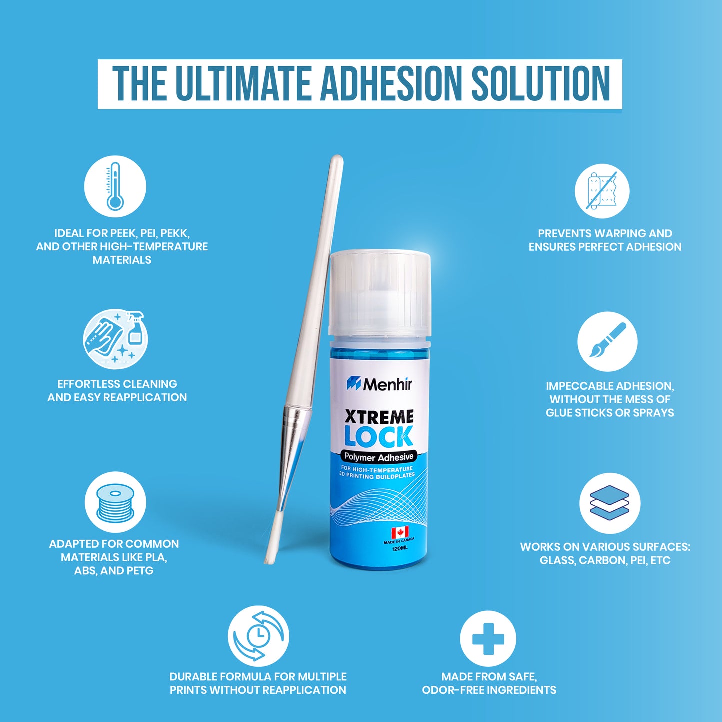 "Ultimate Adhesion Solution" benefits infographic: "Menhir Xtreme Lock benefits: ideal for PEEK, PEI and PEKK, prevents warping, easy clean-up, durable multi-print formula"