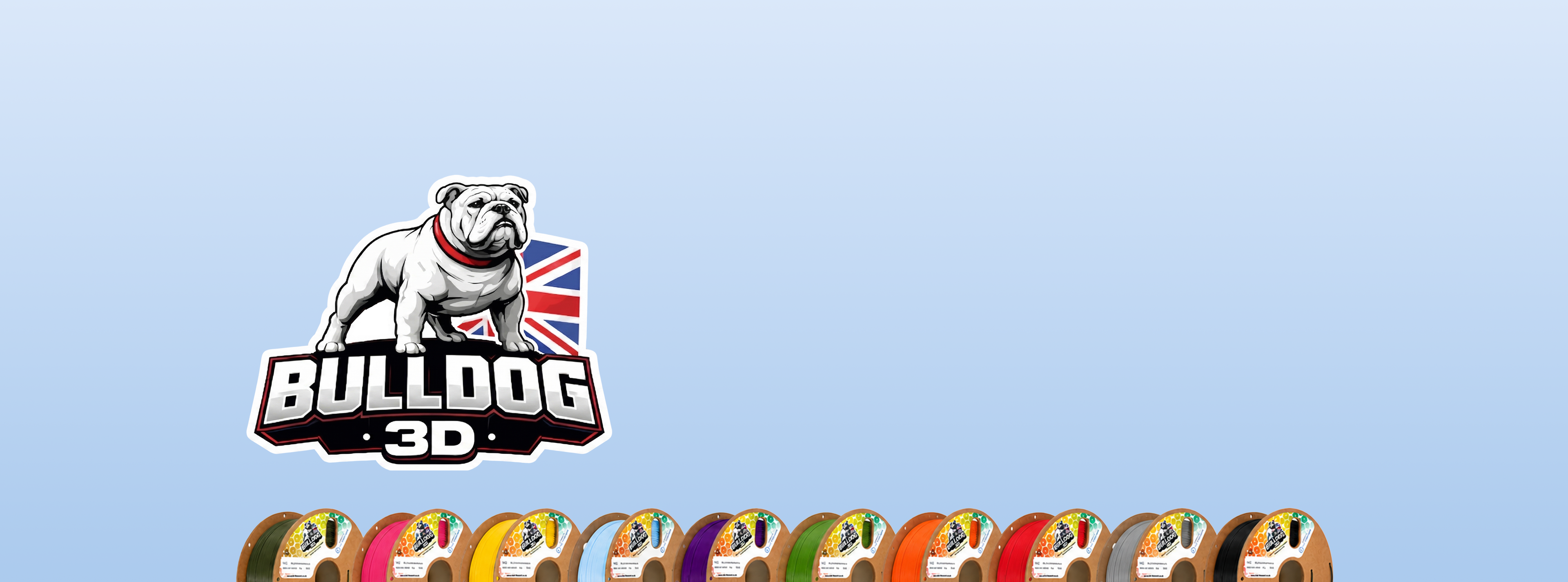 A Bulldog 3D logo featuring a white bulldog wearing a red collar with a Union Jack flag behind it, shown above a row of colorful Spools of Filament on a light blue gradient background.