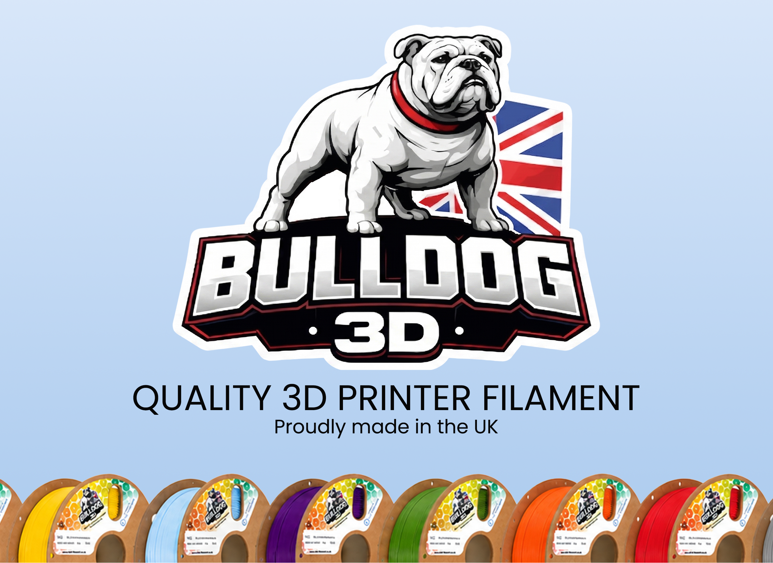 Bulldog 3D logo with a bulldog and British flag, featuring 3D printer filament packages below.